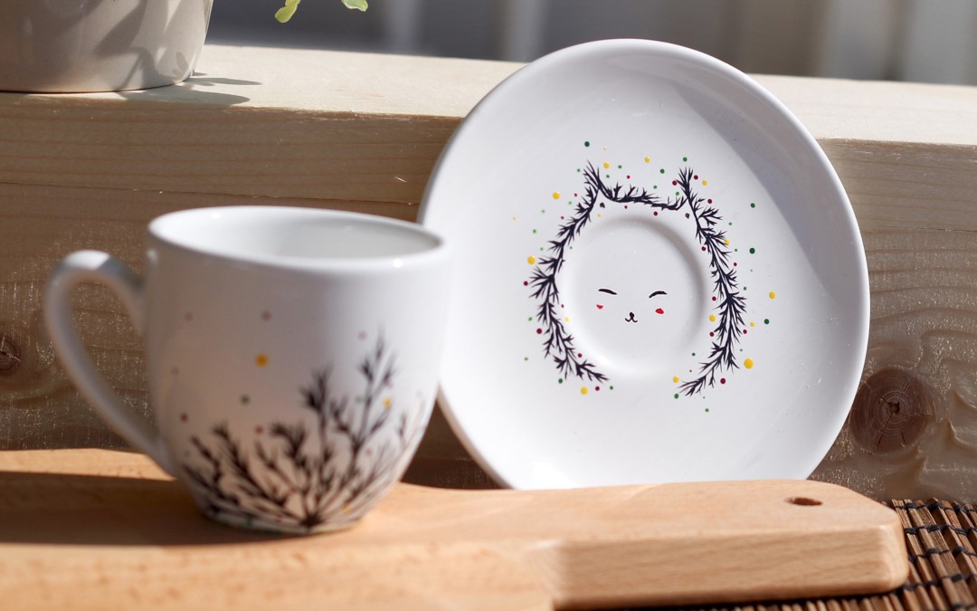 Forest Cat coffee mug & plate set (s)- Hand painted