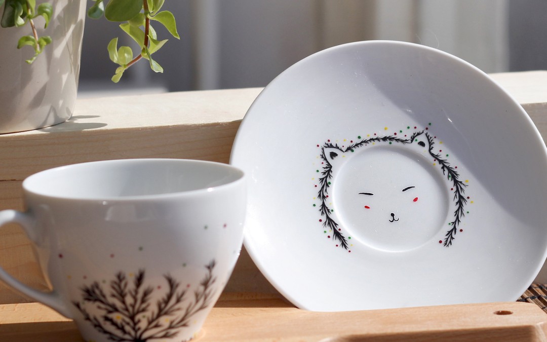 Forest Cat coffee mug & plate set(m)- Hand Painted